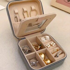 Portable Jewelry Storage Box w/Mirror - Grey or Blue